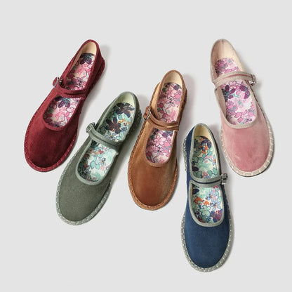 Red velvet Mary Janes shoes for women with printed insoles, stitching detail, and casual pleuche fabric, stylish ballet flats.
