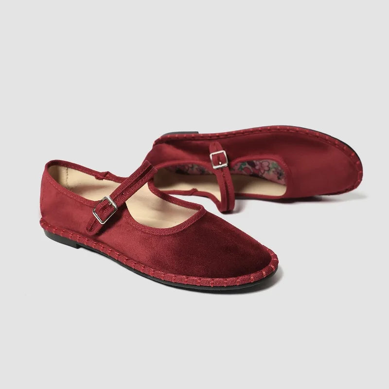 Red velvet Mary Jane shoes for women with printed insoles, stitching detail, and casual pleuche fabric ballet flats.