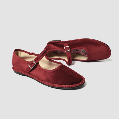 Red velvet Mary Jane shoes for women with printed insoles, stitching detail, and casual pleuche fabric ballet flats.