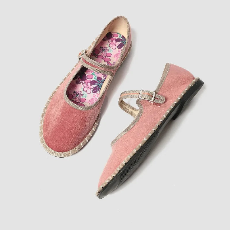 Red velvet Mary Janes shoes for women with printed insole stitching, high-quality pleuche fabric, casual ballet flats.