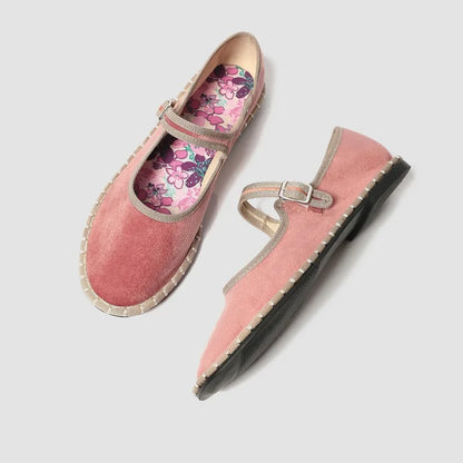 Red velvet Mary Janes shoes for women with printed insole stitching, high-quality pleuche fabric, casual ballet flats.