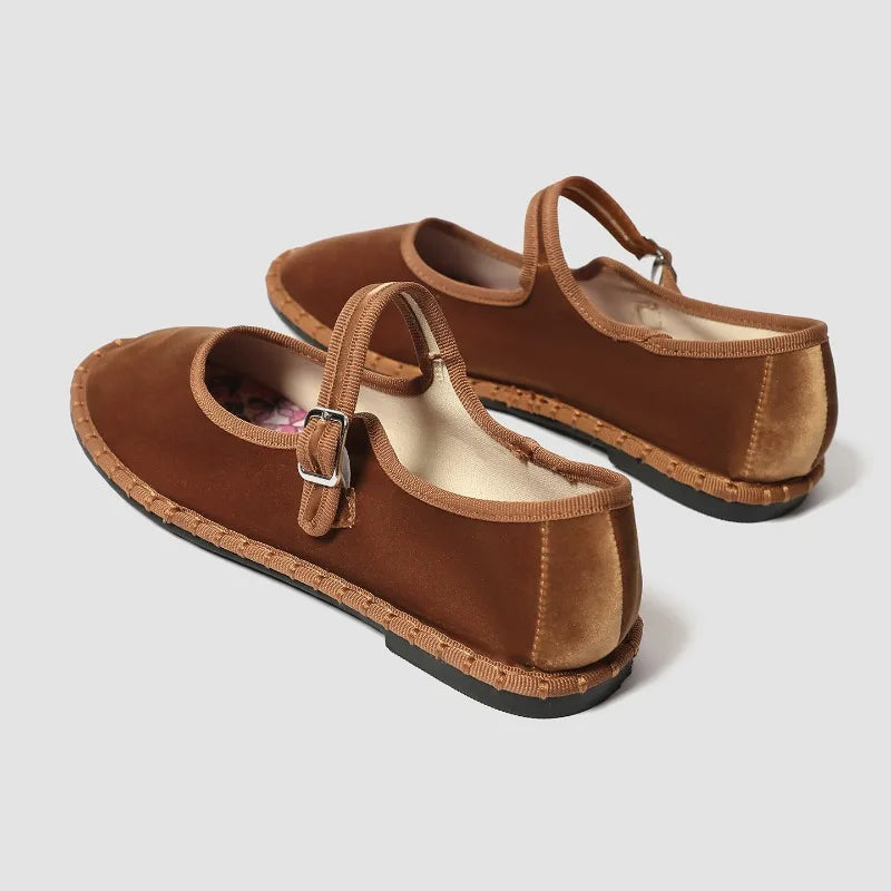 Red velvet Mary Janes shoes for women with printed insoles, stitching detail, high-quality pleuche, casual ballet flats.