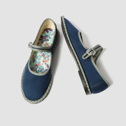 Red velvet Mary Jane shoes for women with printed insole stitching and casual pleuche fabric, featuring ballet-flat style.