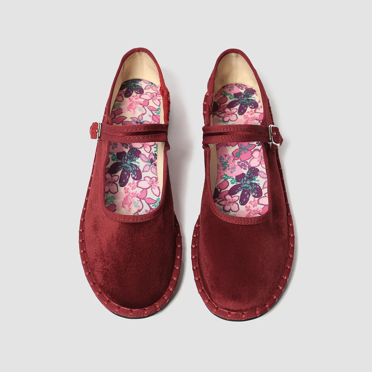 Red velvet Mary Janes shoes for women featuring printed insole stitching, high-quality pleuche, casual ballet flats.