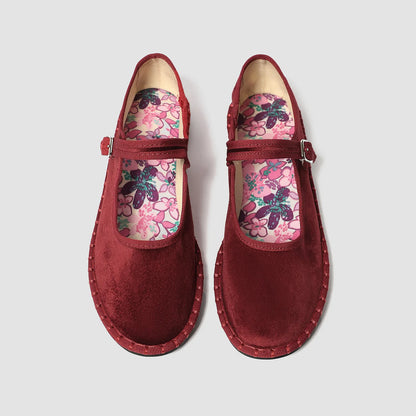 Red velvet Mary Janes shoes for women featuring printed insole stitching, high-quality pleuche, casual ballet flats.