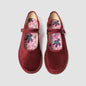 Red velvet Mary Janes shoes for women featuring printed insole stitching, high-quality pleuche, casual ballet flats.