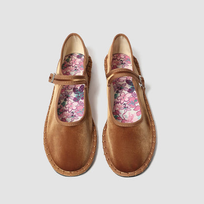 Red velvet Mary Jane shoes for women with printed insole stitching, high-quality pleuche material, casual ballet flats footwear.