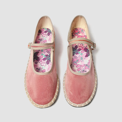 Red velvet Mary Jane shoes for women with printed insoles, stitching detail, and casual ballet flats style.