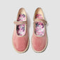 Red velvet Mary Jane shoes for women with printed insoles, stitching detail, and casual ballet flats style.
