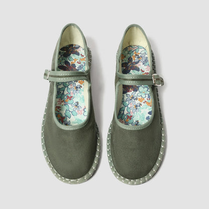 Red velvet Mary Janes shoes for women with printed insoles, stitching detail, casual pleuche fabric, and comfortable ballet flat style.