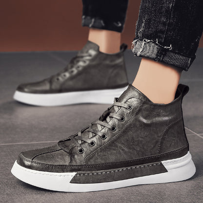 Brown high-top casual leather shoes for men featuring stylish design and sturdy soles, by BACKUPMYFILESNOW.COM®.