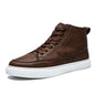 Brown high-top casual leather shoes for men featuring stylish design and sturdy soles from BACKUPMYFILESNOW.COM®