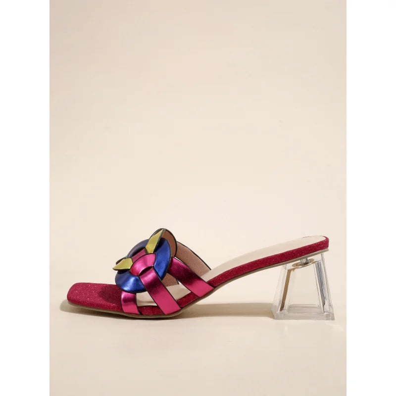 Brown women's summer sandals with square toe, mid-heel, transparent heel, and strappy woven design by BACKUPMYFILESNOW.COM®.