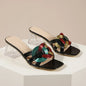 Brown women's summer sandals with square toe, mid-heel, transparent heel, strappy design, woven details, stylish for 2026.