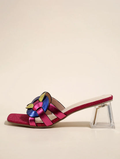 Brown women's summer sandals with square toe, mid-heel, transparent heel, and woven straps in a new stylish design.
