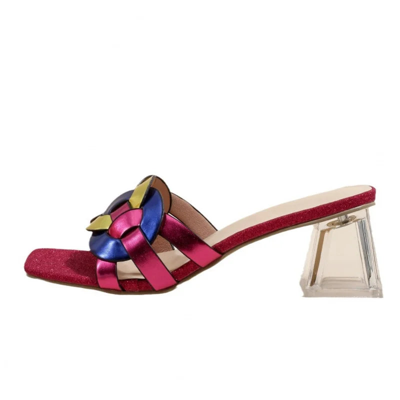 Brown summer women's sandals with square toe, mid-heel, transparent heel, and woven straps in a new style from BACKUPMYFILESNOW.COM.