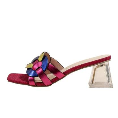 Brown summer women's sandals with square toe, mid-heel, transparent heel, and woven straps in a new style from BACKUPMYFILESNOW.COM.