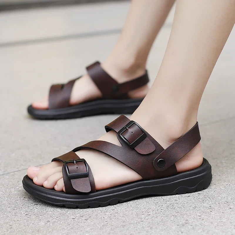 Men's brown summer sandals by BACKUPMYFILESNOW.COM® with non-slip, breathable PU leather, casual outdoor slip-on Roman beach shoes