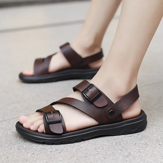Men's brown summer sandals by BACKUPMYFILESNOW.COM® with non-slip, breathable PU leather, casual outdoor slip-on Roman beach shoes