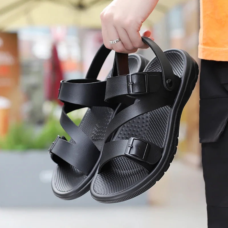 Brown men's summer sandals by BACKUPMYFILESNOW.COM®, outdoor casual PU leather slip-ons with non-slip sole and breathable design.