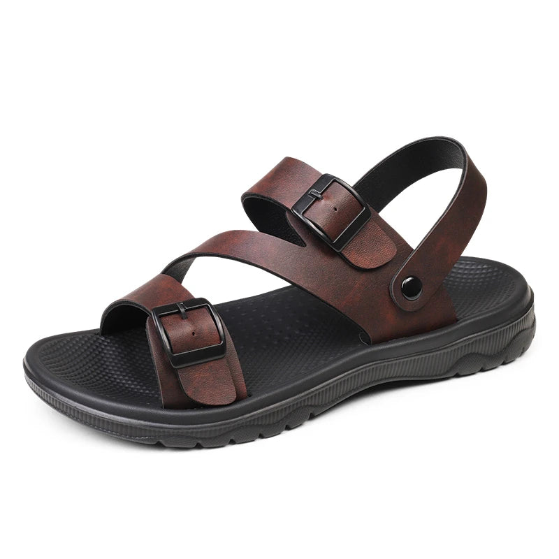 Men's brown summer sandals by BACKUPMYFILESNOW.COM, outdoor casual slip-ons with PU leather, non-slip soles, breathable for beach and garden wear.