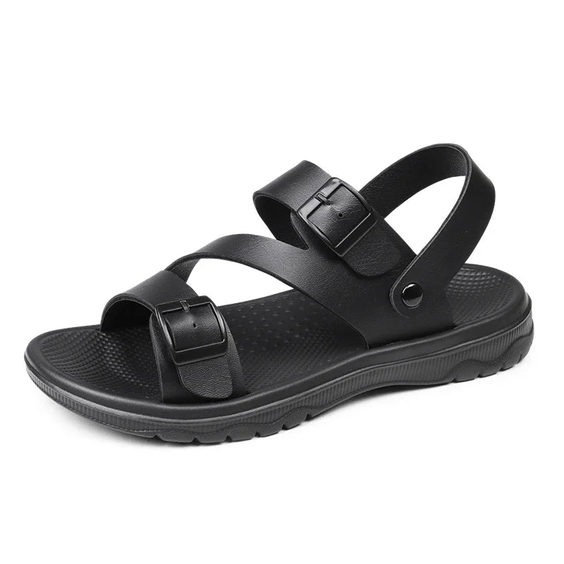 Brown men's summer sandals by BACKUPMYFILESNOW.COM®, outdoor casual slip-ons with breathable PU leather, non-slip sole, suitable for beach and garden.