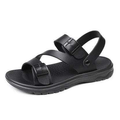 Brown men's summer sandals by BACKUPMYFILESNOW.COM®, outdoor casual slip-ons with breathable PU leather, non-slip sole, suitable for beach and garden.