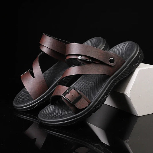 Men's brown summer sandals by BACKUPMYFILESNOW.COM®, outdoor casual sport slippers with PU leather, non-slip, breathable Roman beach shoes