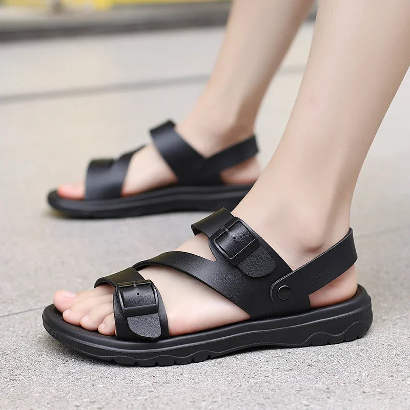 Brown men's summer sandals by BACKUPMYFILESNOW.COM®, outdoor casual slip-on Roman shoes with non-slip, breathable PU leather design.
