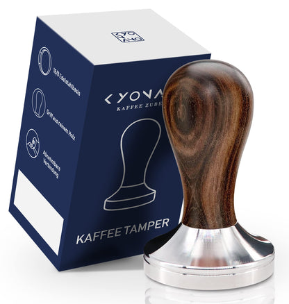 Backuppmyfilesnow.com® KYONANO 58mm espresso coffee distributor and tamper with stainless steel base and black wooden handle.