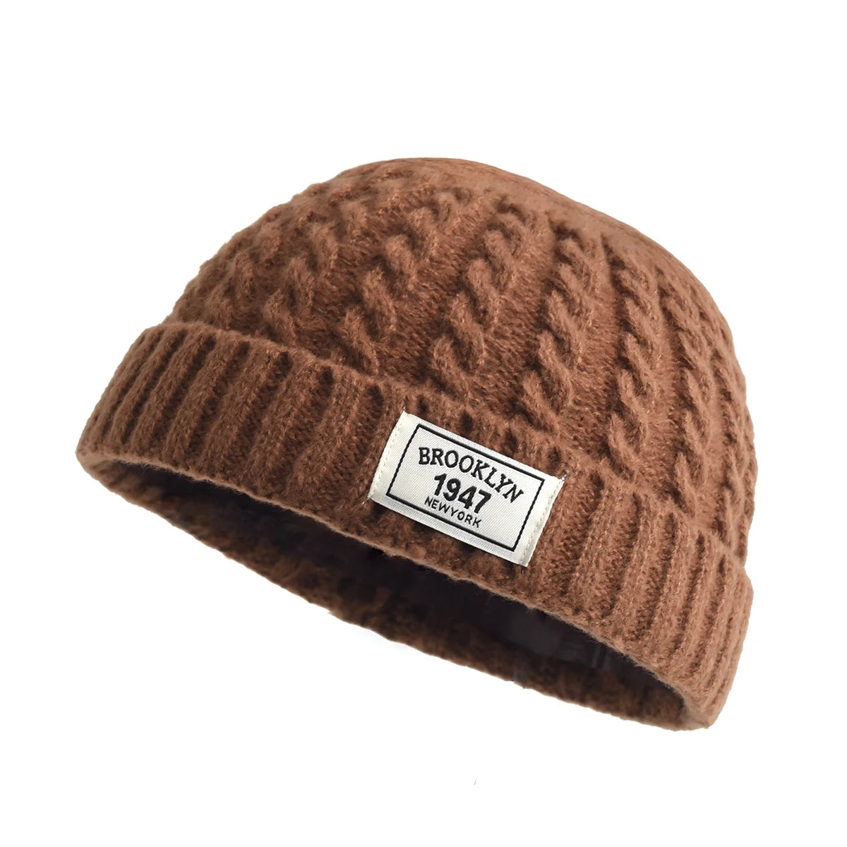Brown Brooklyn knitted beanie cap for men and women, warm wool winter hat with simple, trendy design and solid color.
