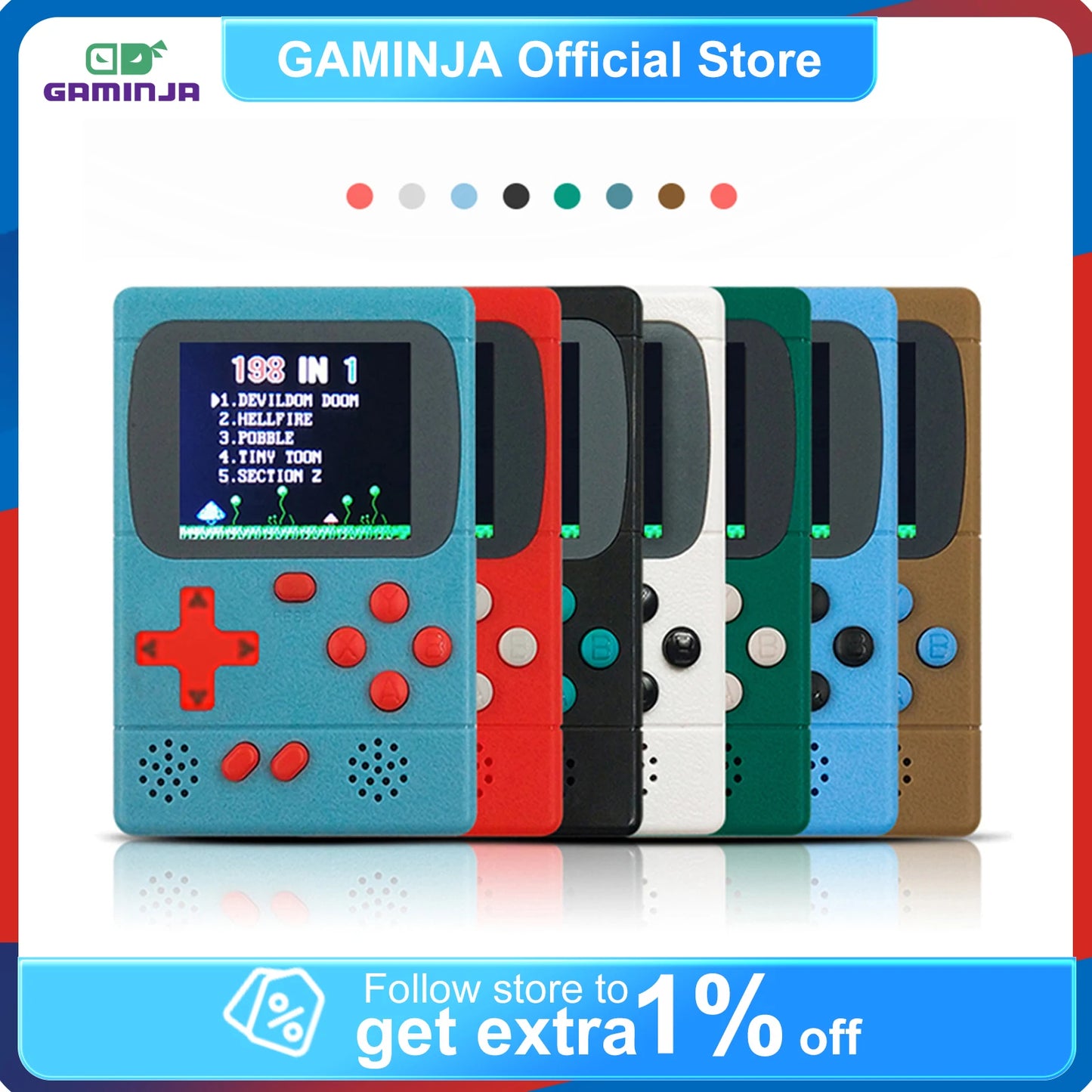 GAMINJA GC36 mini retro video game console with built-in 198 games, 2.4-inch color TFT screen, handheld 8-bit gaming device.