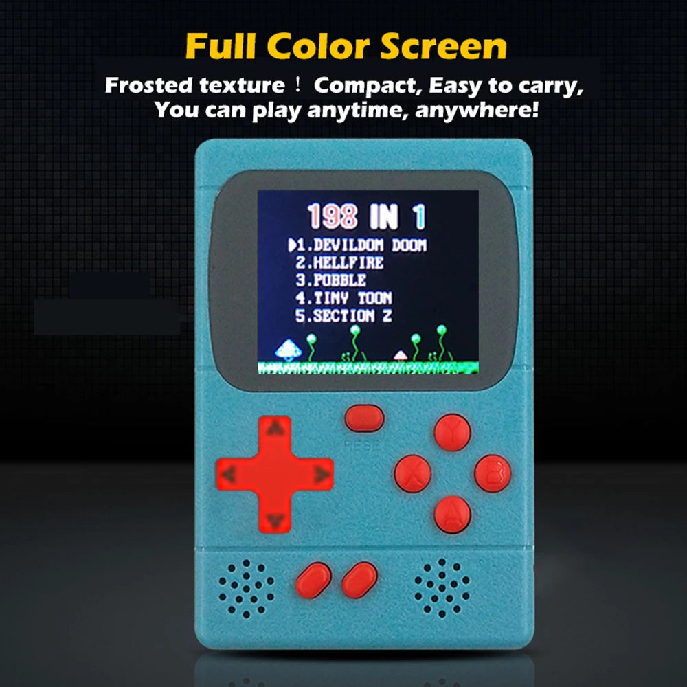 GAMINJA GC36 mini retro handheld game console with built-in 198 games, 2.4-inch color TFT screen, 8-bit design for children.