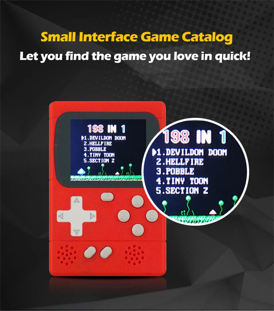 GAMINJA GC36 mini retro video game console with 2.4-inch color screen, built-in 198 games, handheld 8-bit gaming device.