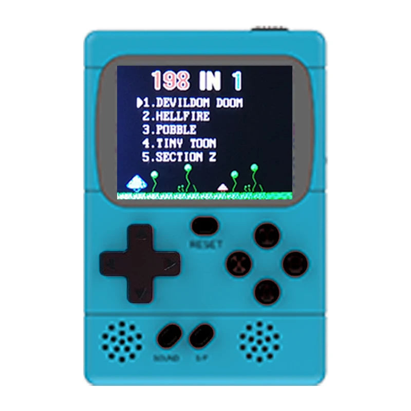 GAMINJA GC36 mini retro handheld video game console with 2.4-inch color TFT screen, 198 built-in 8-bit games for children.