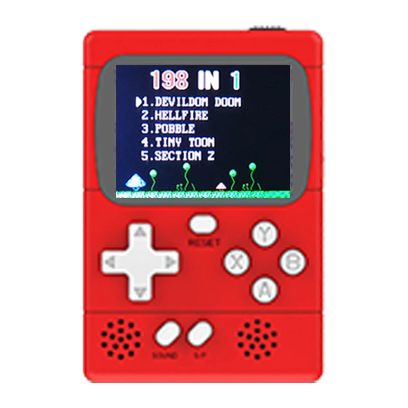 GAMINJA GC36 mini retro video game console with built-in 198 games, 2.4-inch color screen, 8-bit handheld game player.