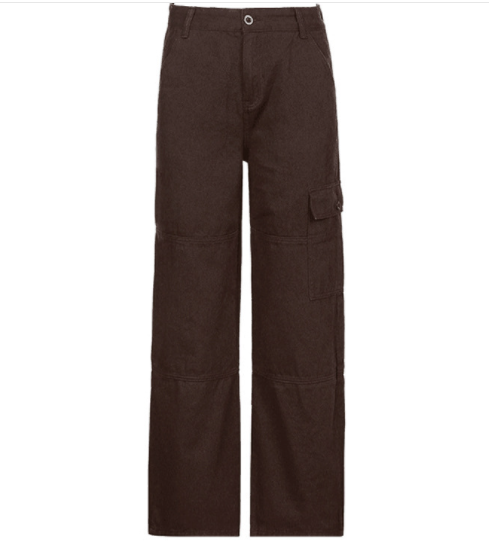 Vintage wide leg cargo pants for women in denim, brown color, stylish denim trousers by BACKUPMYFILESNOW.COM®.