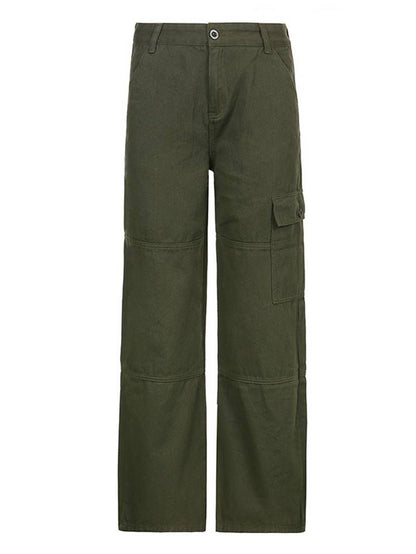 Vintage wide leg denim cargo pants for women, stylish denim trousers with multiple pockets and relaxed fit.