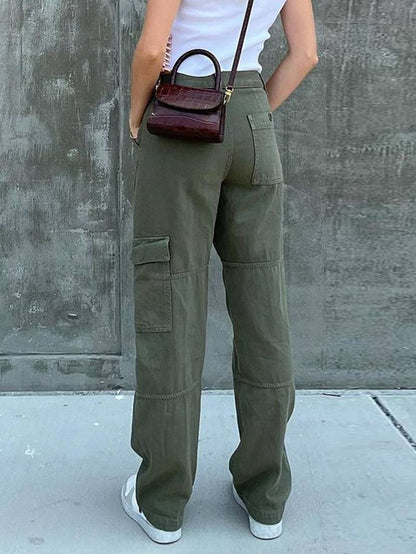 Vintage wide leg denim cargo pants for women from BACKUPMYFILESNOW.COM®, featuring a relaxed fit and multiple cargo pockets.