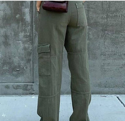 Vintage wide leg denim cargo pants for women, showcasing classic denim fabric and relaxed fit with multiple cargo pockets.