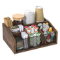 Rustic wooden coffee and tea condiment organizer with cup holder, designed for coffee bar stations and countertop use.