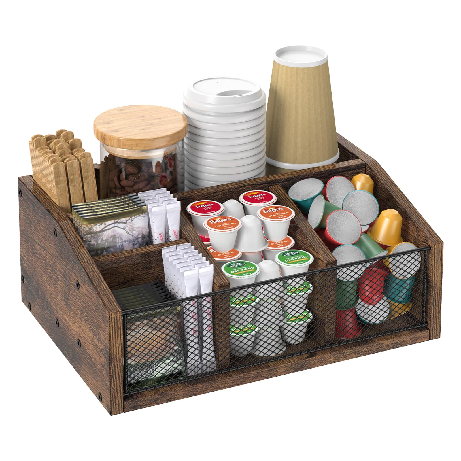 Rustic wooden NOVIMANGO coffee bar station organizer with compartments for coffee, tea, condiments, and cup storage on a counter.