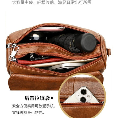 Brown retro oil wax leather crossbody bag with textured vintage feel, simple flap design, and adjustable strap.