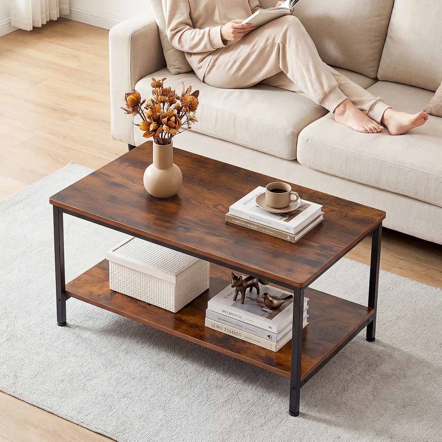 Wood coffee table by JHK with two tiers, storage, anti-slip feet, modern design, suitable for living rooms.