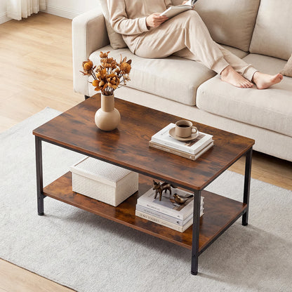 Wood coffee table by JHK with two tiers, storage, anti-slip feet, modern design, suitable for living rooms.