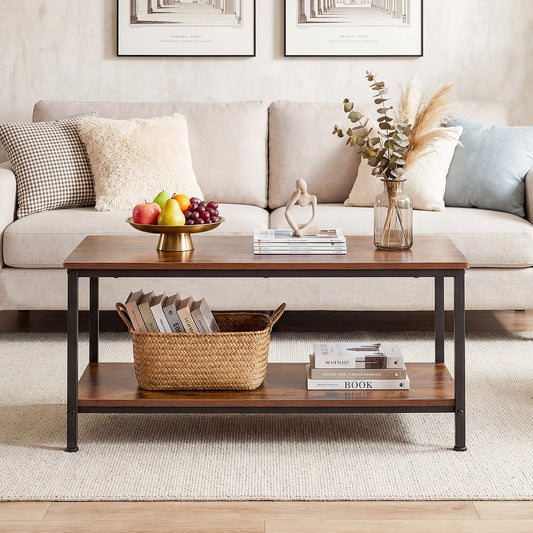 Brown JHK 31-inch wooden coffee table with two tiers, storage, anti-slip feet, modern design, for living room use.