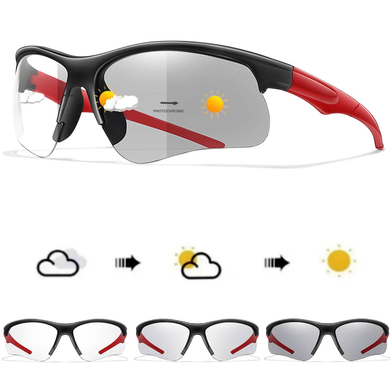 Photochromic sunglasses for men and women, outdoor sports cycling eyewear, windproof goggles, stylish and functional for active wear.