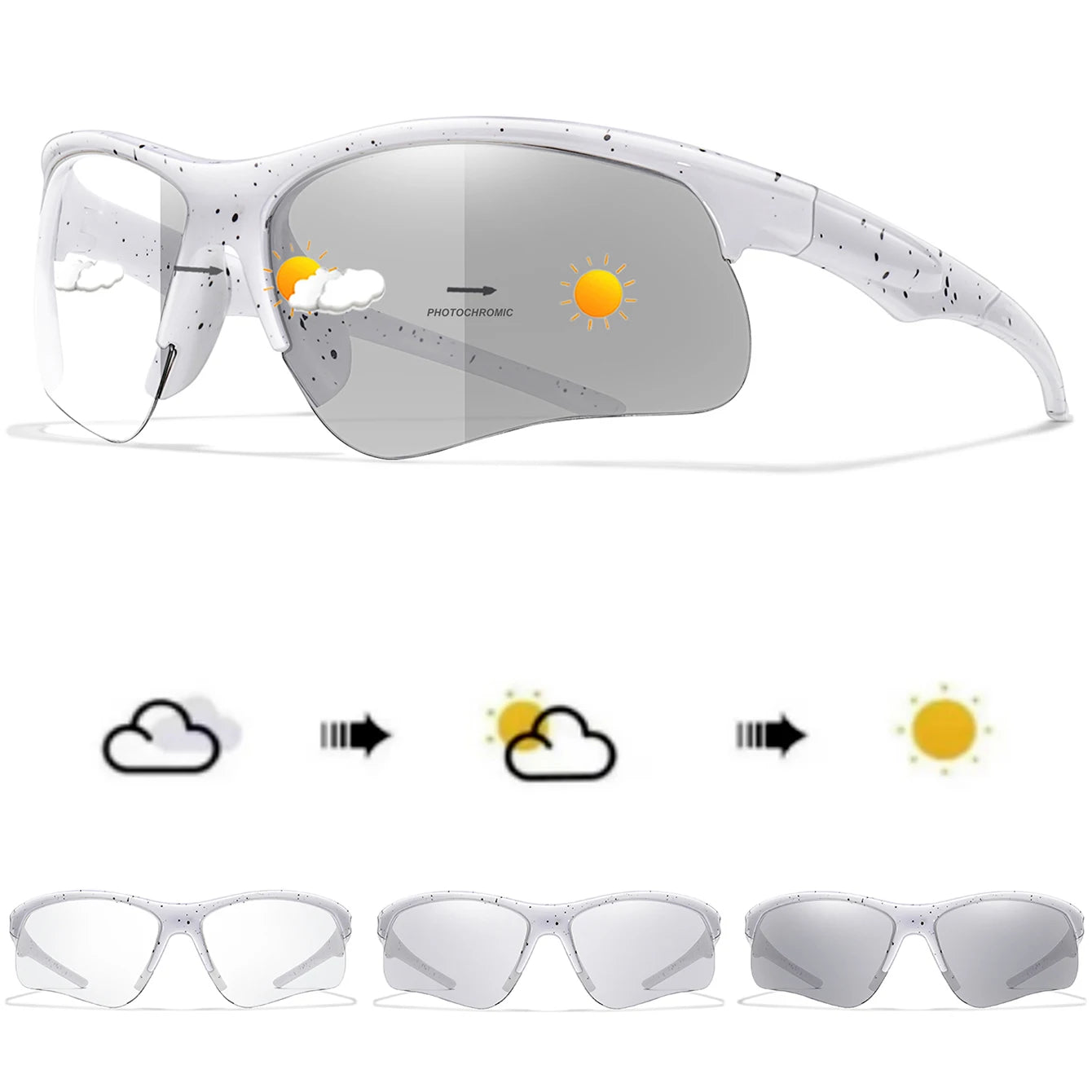 Photochromic sunglasses for men and women, outdoor sports eyewear, windproof cycling goggles, stylish and functional for active use.