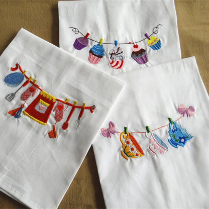 Set of 100 embroidered cloth table napkins and tea towels, 45x70cm, absorbent fabric, ideal for kitchen use and photography props.
