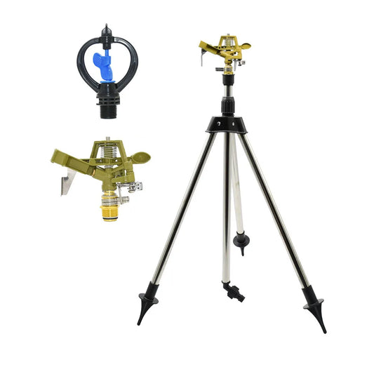 Automatic rotating sprinkler with metal support tripod for garden irrigation, watering lawn and plants efficiently.